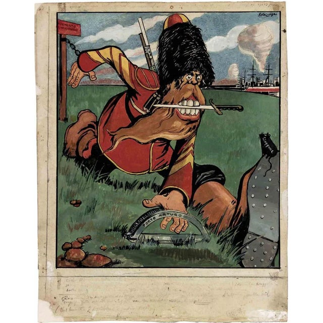 Gabriele Galantara, The Conquest of Porto Arturo, Mixed Media Drawing, 1904 For Sale