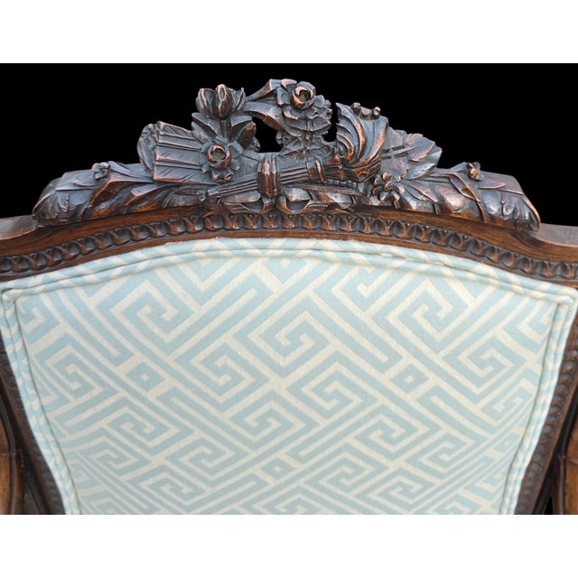 Pair of Antique French Hand-Carved Louis XVI Style Armchairs For Sale - Image 9 of 11