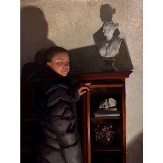 Noumena by Brad Davis | Oil on Wood Panel Portrait of a woman beside a bust and shelf items. For Sale