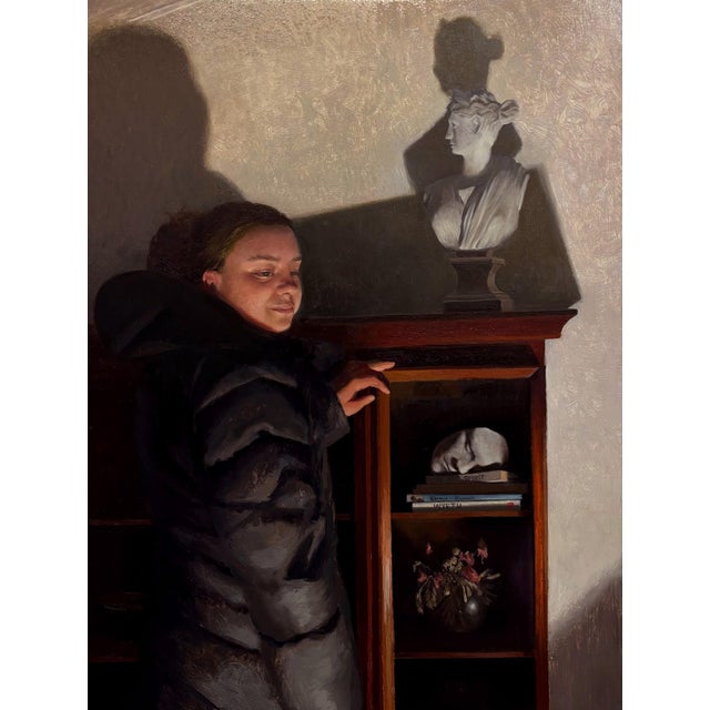 Noumena by Brad Davis | Oil on Wood Panel Portrait of a woman beside a bust and shelf items. For Sale