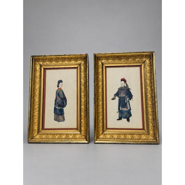 Wood Pair Chinese Qing Court Costume Lithographs in Elaborate Gilt Frames, C. 1900 For Sale - Image 7 of 9