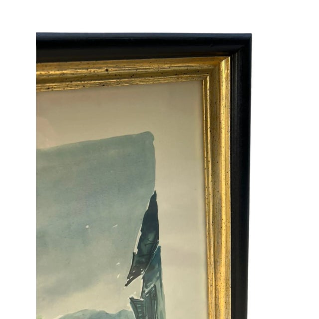 Bottle Green Vintage Framed Watercolor Street Scene With Parasol, Signed For Sale - Image 8 of 9