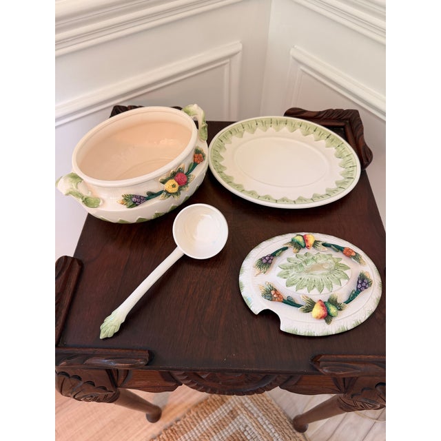 Cream Vintage Japanese Majolica Style Fruit Garland Soup Tureen With Underplate & Ladle For Sale - Image 8 of 8