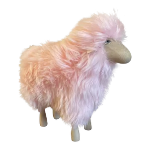 Lalanne Style Carved Wood and Pink Fur Sheep Stool or Statue