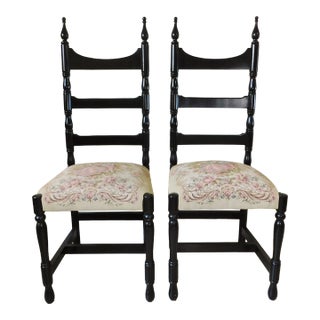 Pair Vintage Ladderback Chairs - Courting Couple Tapestry Seats For Sale