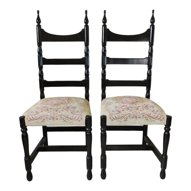 Pair Vintage Ladderback Chairs - Courting Couple Tapestry Seats For Sale