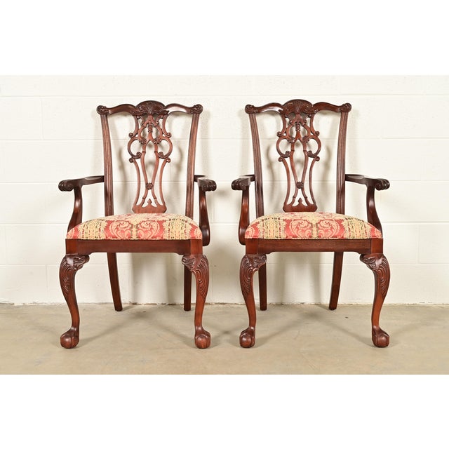 A gorgeous pair of Georgian or Chippendale style armchairs or dining captain chairs By Ethan Allen, "18th Century...