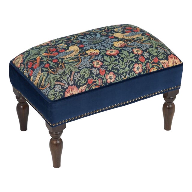 Strawberry Thief Midnight Upholstered Stool With Velvet Sides For Sale