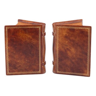 Vintage Asprey & Co Leather And Gilt Bookends Modelled As Open Books, Set of 2 For Sale