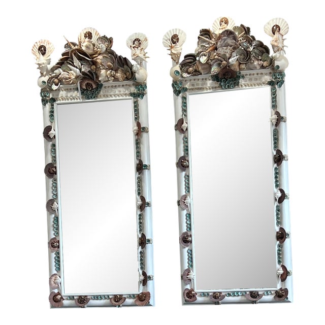 Vintage 60’s Twin Faux Bamboo & Seashell Encrusted Wall Mirrors - Designed by Cheryl P. Kohloff For Sale