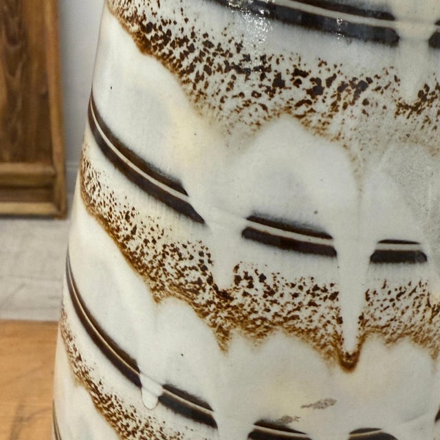Tall Slender White & Brown Ceramic Vase with Drip Cascade For Sale - Image 10 of 11