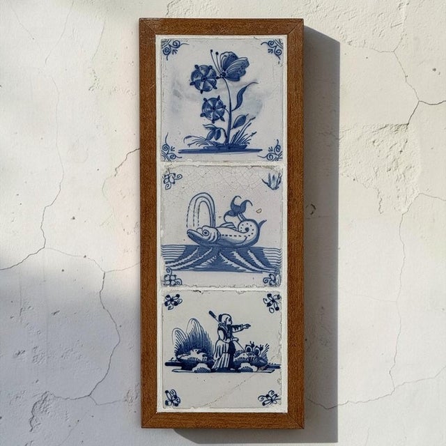Traditional Framed Set of Three 18th Century Dutch Delft Blue and White Tiles For Sale - Image 3 of 14