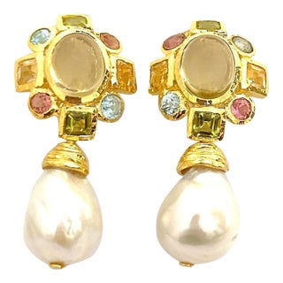 Bochic "Orient" Vintage Lemon Quartz, Rodorite & Pearl Earrings Set 18K Gold & S For Sale