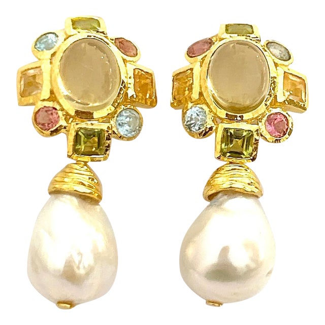 Bochic "Orient" Vintage Lemon Quartz, Rodorite & Pearl Earrings Set 18K Gold & S For Sale