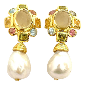 Bochic "Orient" Vintage Lemon Quartz, Rodorite & Pearl Earrings Set 18K Gold & S