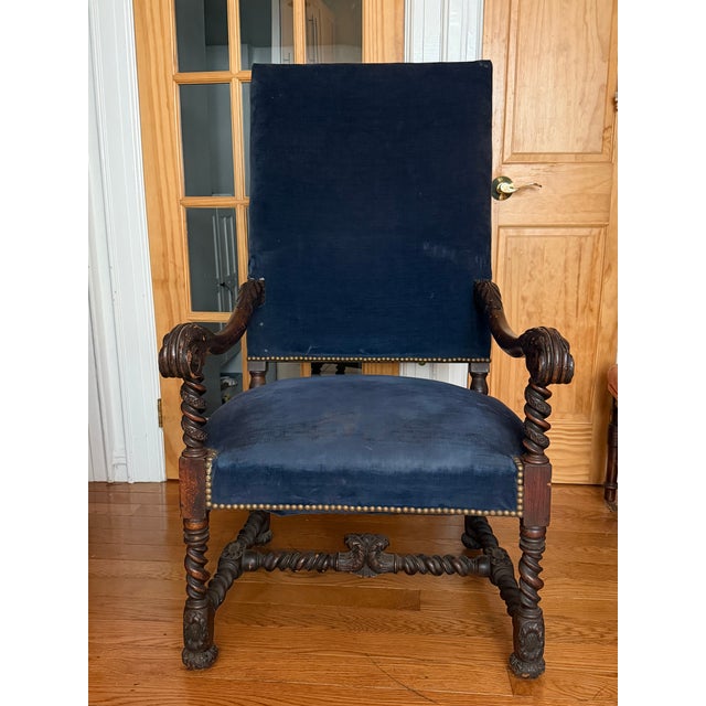 Jacobean Mid 20th Century Pair of Jacobean Revival Carved Wood Barley Twist Velvet Armchairs For Sale - Image 3 of 12