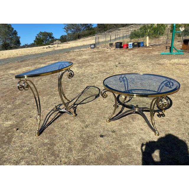 Maison Jansen Vintage LaBarge Steel & Brass Hollywood Regency Maison Jansen Style Demi-Lune Table and Coffee Table Set of 2 For Sale - Image 4 of 12
