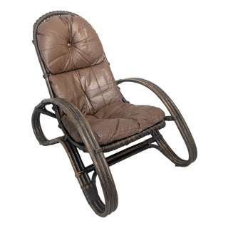 Italian Rattan and Leather Armchair, 1960s For Sale