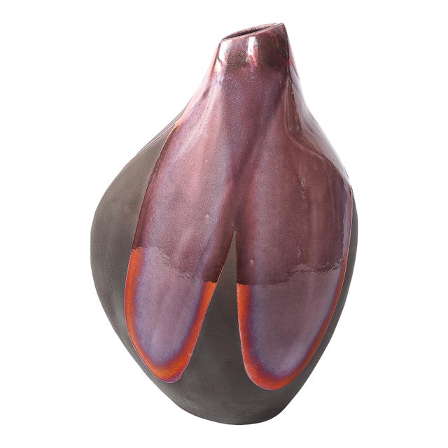 Mid-Century Organic Glazed Gray & Violet Ceramic Studio Vase Signed Tony Evans For Sale