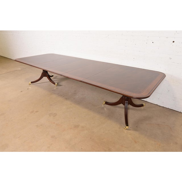 Baker Furniture Stately Homes Georgian Banded Mahogany Double Pedestal Extension Dining Table, Newly Refinished For Sale - Image 14 of 14