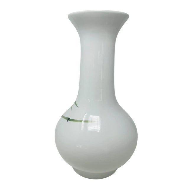 Chinoiserie Vintage Hand-Painted Famille Rose Porcelain Vase With Bird , Floral, and Bamboo Motif, Made in Taiwan For Sale - Image 3 of 12