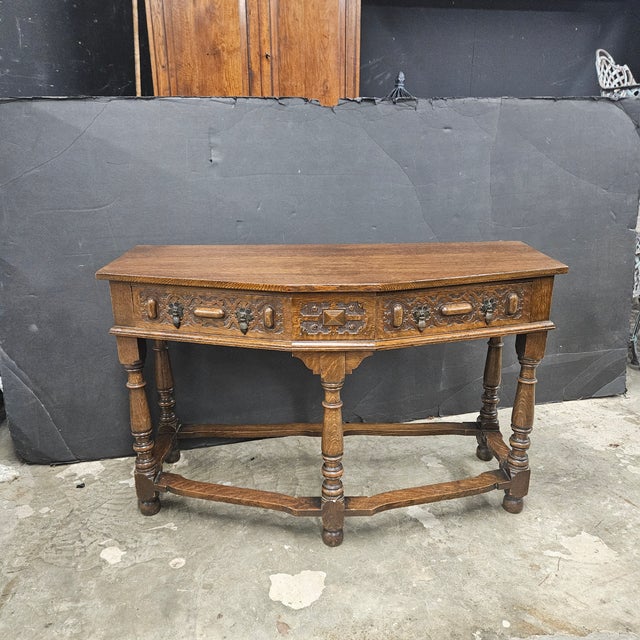 Vintage English Oak 2 Drawer Console Table With Shaped Front For Sale - Image 12 of 17