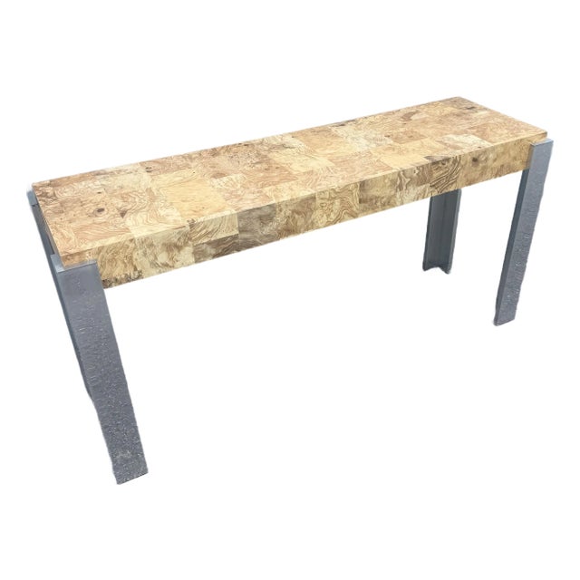 Mid-Century Modern Burlwood Laminate and Chrome Console Table For Sale