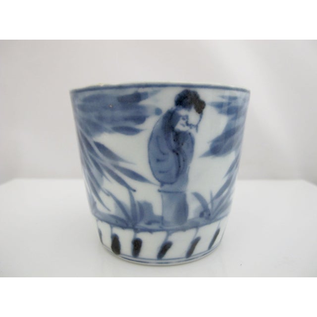 Antique, late Edo era, Japanese blue and white porcelain Soba Choko cup hand painted in traditional Sometsuke underglaze....
