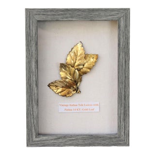 Shadowboxed Vintage Italian Tole Leaves in Patina Gold Leaf For Sale