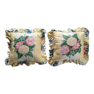 Custom Made Yellow and White Stripe and Floral Chintz Reversable Pillows- a Pair For Sale