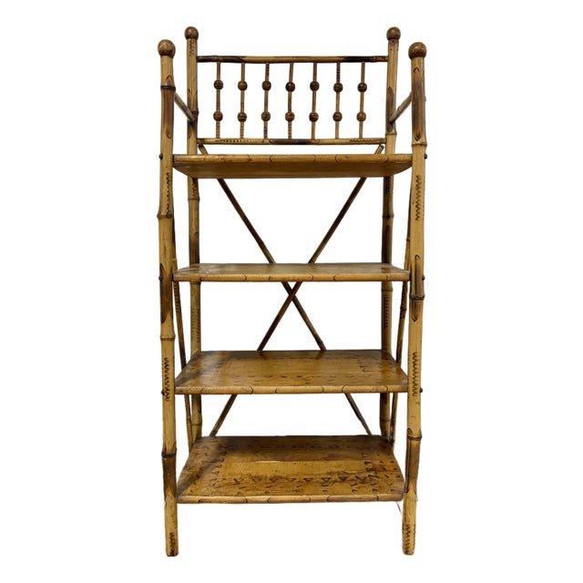 Antique English Scorched or Burnt Bamboo Etagere / Bookcase Shelving For Sale