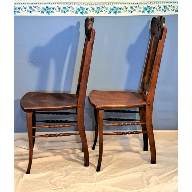 Art Nouveau Pair Antique Quarter Sawn Oak Chairs Art Nouveau Carved Backs Tiger Oak C1900 For Sale - Image 3 of 12