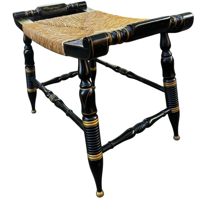 Early 20th Century Ethan Allen Hitchcock Style Stenciled & Ebonized Ladies Writing Desk and Woven Rush Seat For Sale - Image 10 of 11