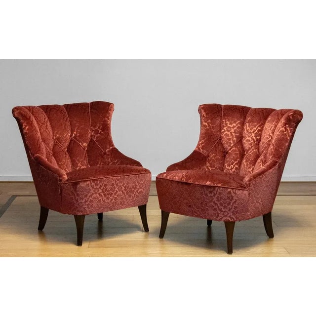 Set of 20th Century Napoleon III Armchairs in Velvet Jacquard Tone-on-Tone Brick For Sale - Image 12 of 12