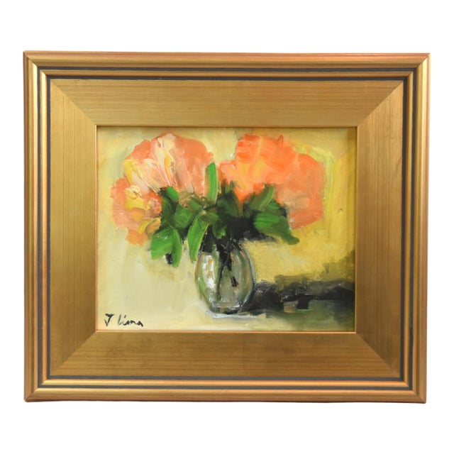 Peachy Bouquet of Flowers Oil Painting Including the Antiqued Gold Wood Frame For Sale