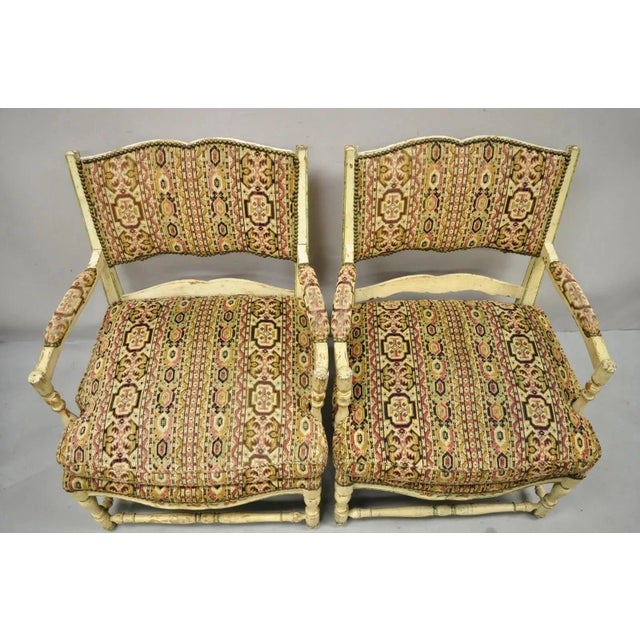 Mid 20th Century Vintage French Country Cream Distress Painted Lounge Arm Chairs & Ottoman - 3 Pieces For Sale - Image 9 of 12