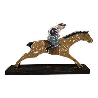Vintage Handmade Folk Art Jockey Horse Racing Wood Sculpture For Sale