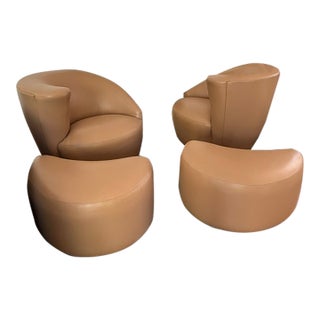 Set of 4 Vintage Tan Leather Lounge Chairs With Matching Ottomans Attributed to Vladimir Kagan For Sale