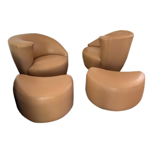 Set of 4 Vintage Tan Leather Lounge Chairs With Matching Ottomans Attributed to Vladimir Kagan