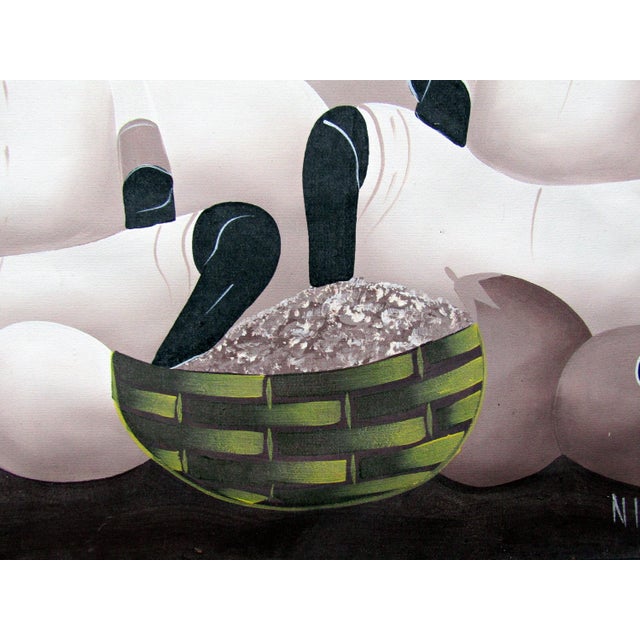 Wood 1980s Signed Nini Haitian Style Original Oil Painting, Professionally Framed For Sale - Image 7 of 10