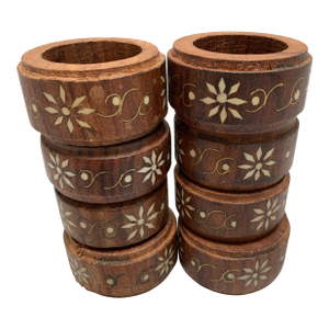Vintage Rustic Wood Mother of Pearl Inlay Etched Napkin Rings, Set of Eight