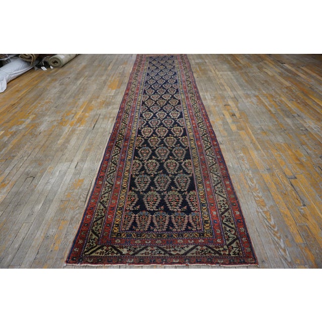 1900 - 1909 1900s Navy Blue Antique Paisley Boteh Tribal Malayer Hallway Runner Rug For Sale - Image 5 of 6
