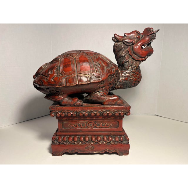 Pair of Late 19th Century Hand Carved Wood Antique Chinese Longgui Dragons Aka Dragon Turtles For Sale - Image 4 of 12