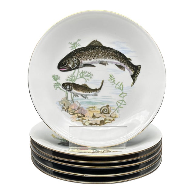 Vintage Set of 6 Bavaria White Porcelain “Trout” Appetizer Side Plates With Gold Trim For Sale