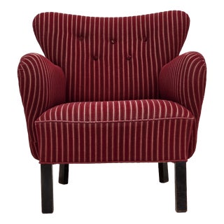 Danish Armchair in Red Striped Wool with Oak Legs, 1960s For Sale