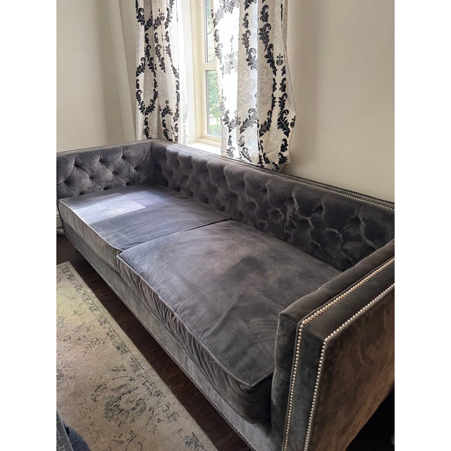 Beautiful tufted chenille sofa by high-end custom maker Room Service (Los Angeles). Upholstered in a soft medium-gray...