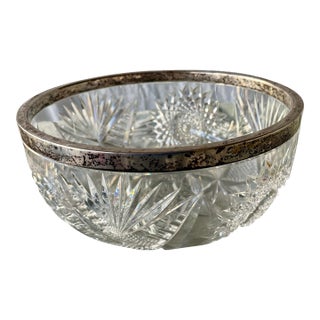 H. Meyen German 800 Silver Rimmed Deeply Brilliant Cut Glass Round Center Bowl For Sale
