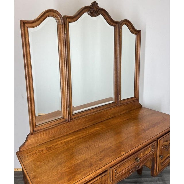 Vintage French Louis Style Oak Dressing Table with Mirror For Sale - Image 3 of 11