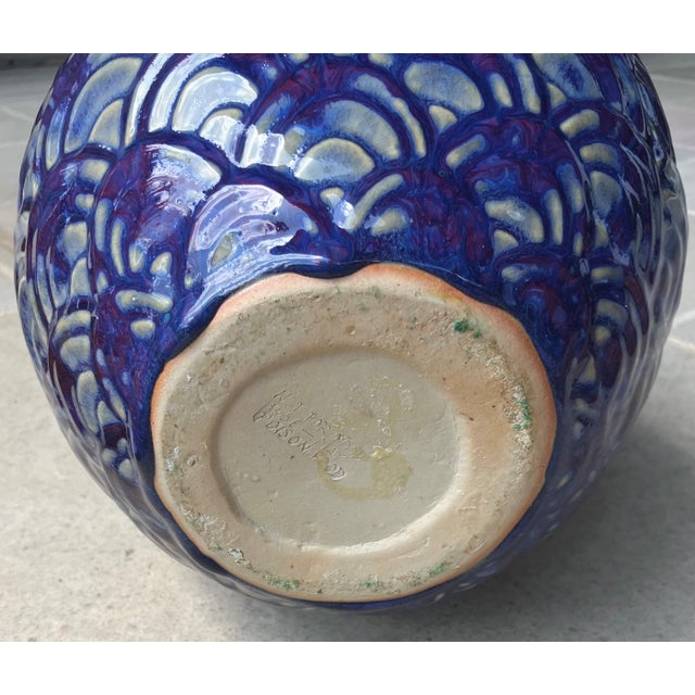 Late 20th-Century Safi-Style Earthenware Dual-Handled Pottery Vessel Drenched in Deep Cobalt Blue & Byzantium Purple, Mexico For Sale - Image 15 of 18