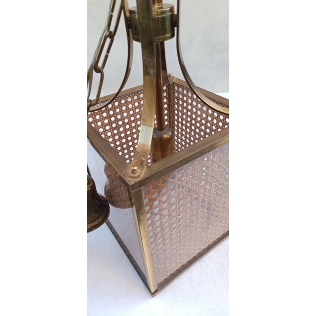 Ceiling lamp with brass frame and methacrylate and Vienna straw panels. Italy, 1970s. Dimensions: total height including...